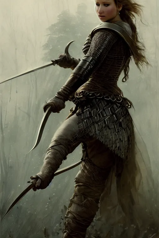 Image similar to jennifer lawrence, legendary warrior, heroic fighter, lord of the rings, tattoos, decorative ornaments, battle armor, omar ortiz, carl spitzweg, ismail inceoglu, vdragan bibin, hans thoma, greg rutkowski, alexandros pyromallis, perfect face, sharply detailed, centered, rule of thirds, realistic shading, photorealism