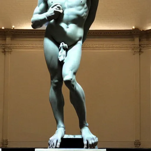 Image similar to David by Michelangelo but David’s face is replaced with Waluigis face from nintendo