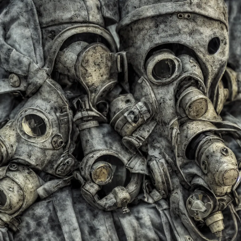 Image similar to high pollution, pripyat, chernobyl, close up gas masks, soviet brutalism, dieselpunk, industrial, very detailed, diesel, 4 k