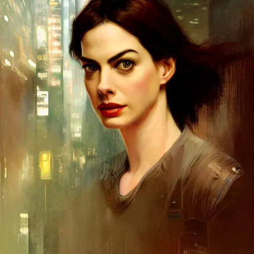 Image similar to ann hathaway, hyperrealistic portrait, bladerunner street, art of elysium by jeremy mann and alphonse mucha, fantasy art, photo realistic, dynamic lighting, artstation, poster, volumetric lighting, very detailed face, 4 k, award winning, cinematic lighting