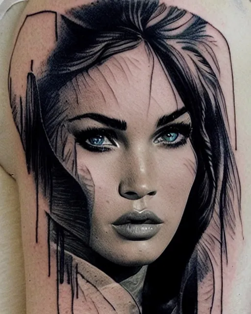 Image similar to double exposure effect tattoo sketch of a megan fox portrait blended with beautiful mountain scenery, surreal, in the style of matteo pasqualin, amazing detail, sharp