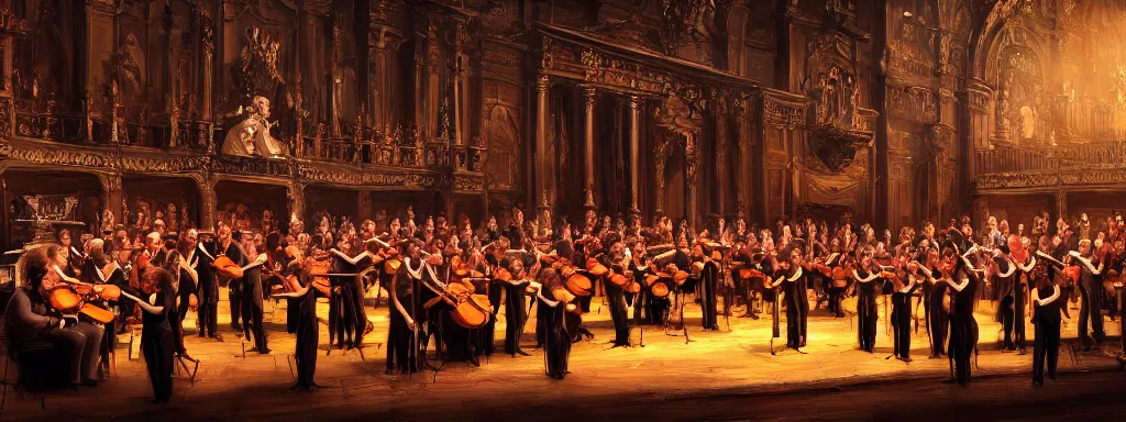 Prompt: painting of a tango orchestra performance in a gigantic church, epic, cinematic composition, ultra detailed, 4 k, ( distant shot ), dramatic lighting, trending on artstation