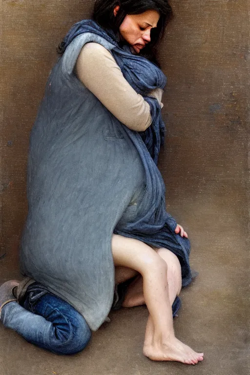 Prompt: sobbing pregnant woman under street light, jeans and sweater, winter, by Alyssa Monks, Bouguereau