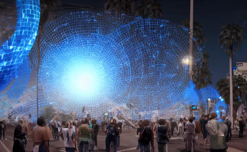 Image similar to crowd of crazy people with posters attacking cops in front a huge blue spiral - shaped bright white luminous attractor that is floating and stores in los angeles with light screens all over the street, concept art, art for the game, professional lighting, night lighting from streetlights