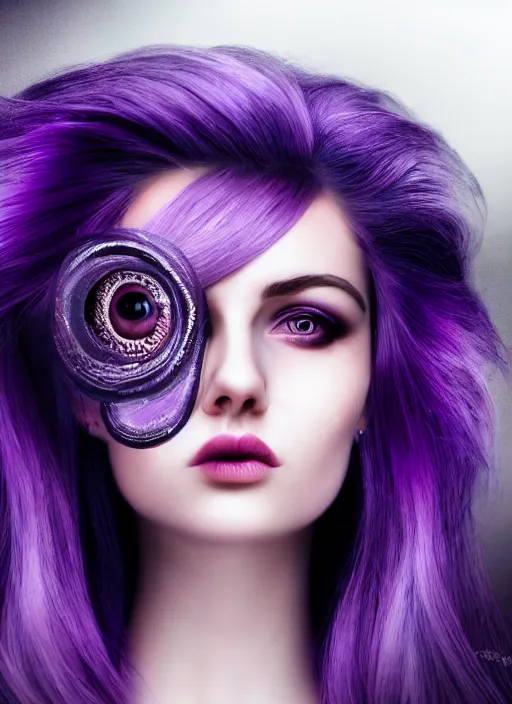 Prompt: photorealistic 3 0 0 0 cyclope beautiful female with purple hair portrait photography feroflex photorealistic studio lighting ektachrome detailed intricate face details, ultradetails, beautiful face, realistic shaded perfect face, extremely fine details
