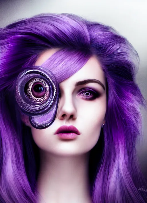 Image similar to photorealistic 3 0 0 0 cyclope beautiful female with purple hair portrait photography feroflex photorealistic studio lighting ektachrome detailed intricate face details, ultradetails, beautiful face, realistic shaded perfect face, extremely fine details