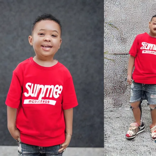 Prompt: short kid wearing a supreme shirt, detailed, studio
