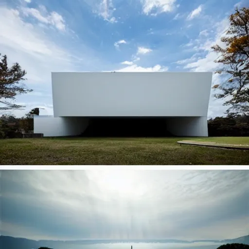 Prompt: a beautiful white art museum building in the shape of a cloud on the surface of the lake. the interior is luminous. it was created by tadao ando and yoshima