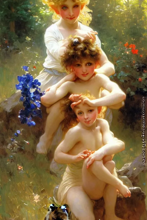 Prompt: a seven - year old with curly dirty blonde hair, blue eyes, tan skin playing with foxes, painting by daniel gerhartz, alphonse mucha, bouguereau, detailed art, artstation