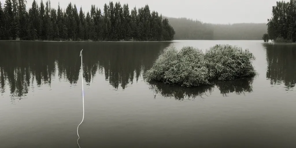 Image similar to symmetrical photograph of an infinitely long rope on the surface of the water, the rope is snaking from the foreground towards the center of the lake, a dark lake on a cloudy day, trees in the background, moody scene, anamorphic lens