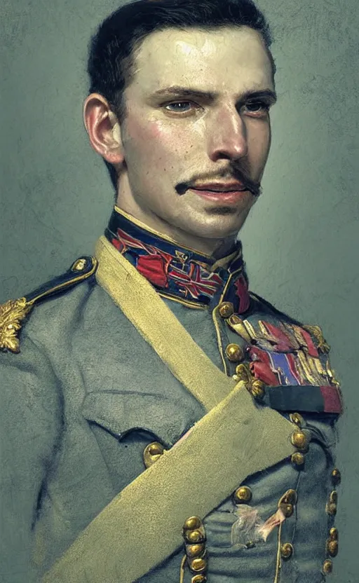Prompt: Portrait of happy victorian army officer, cheerful, male, detailed face, 19th century, highly detailed, cinematic lighting, digital art painting by greg rutkowski