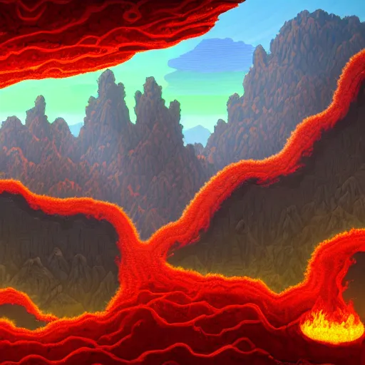 Prompt: Terraria Hell landscape, vivid flowing lava pooling under mountains of rock and ash, strong depth and scale, stunning landscape by Noah Bradley