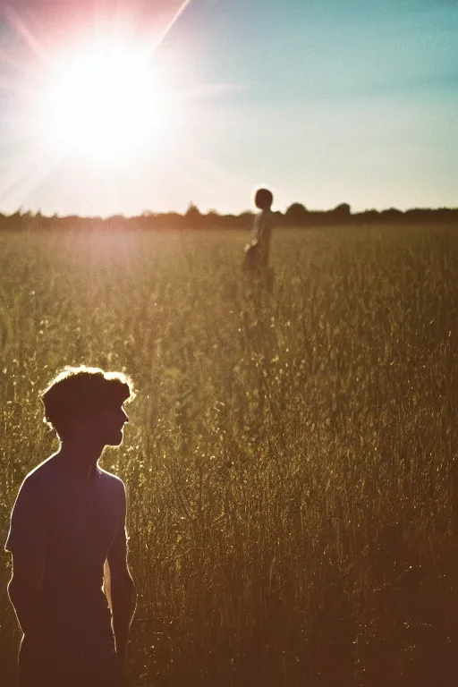 Image similar to agfa vista 4 0 0 photograph of a skinny guy getting abducted by aliens in a field, lens flare, flower crown, back view, moody lighting, moody vibe, telephoto, 9 0 s vibe, grain, vintage, tranquil, calm, faded