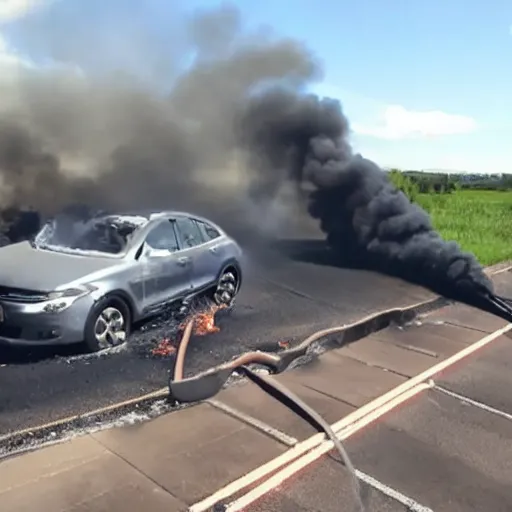 Image similar to drone footage of a car fire, photo realistic, award winning