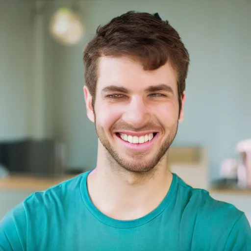 Image similar to Male with brown hair wearing a blue t shirt, green eyes and a cute smile on his face, Realistic, HDR, Clear Image, HDD,