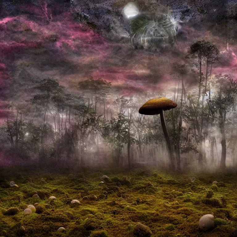 Image similar to a planet of various fungus, mushrooms and plants, inside the picture is infinity, sunset light, Atmospheric phenomenon, artistic photography, muted colors, conceptual, long exposure outside the city, volumetric light