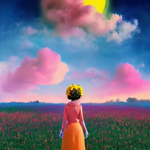 Image similar to woman with a flower face, standing in flower field, surreal photography, manipulation, sunrise, impressionist painting, colorful clouds, artstation, dali, simon stalenhag