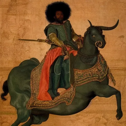 Prompt: black man with afro hair wearing an army green cloak, ( ( ( riding an orange bull ) ) ), renaissance style painting, stunning detail and accuracy