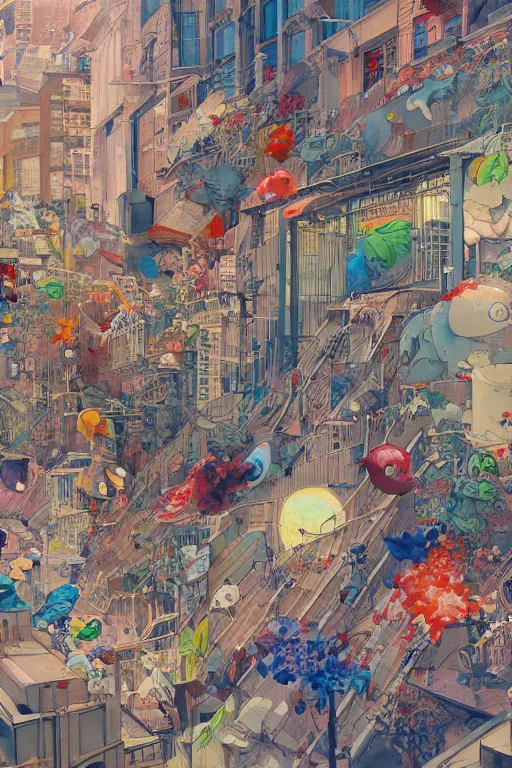 Prompt: people in a busy city surrounded by buildings covered in graffiti paint, james jean, painterly, yoshitaka amano, hiroshi yoshida, moebius, loish, painterly, and artgerm, illustration