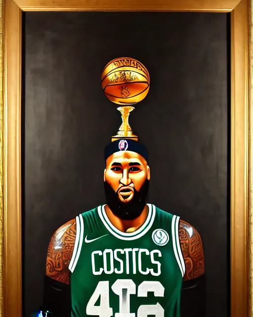 Image similar to portrait of demarcus cousins in boston celtics jersey, holding the larry o'brien trophy, oil on canvas by william sidney mount, champion, inspiring