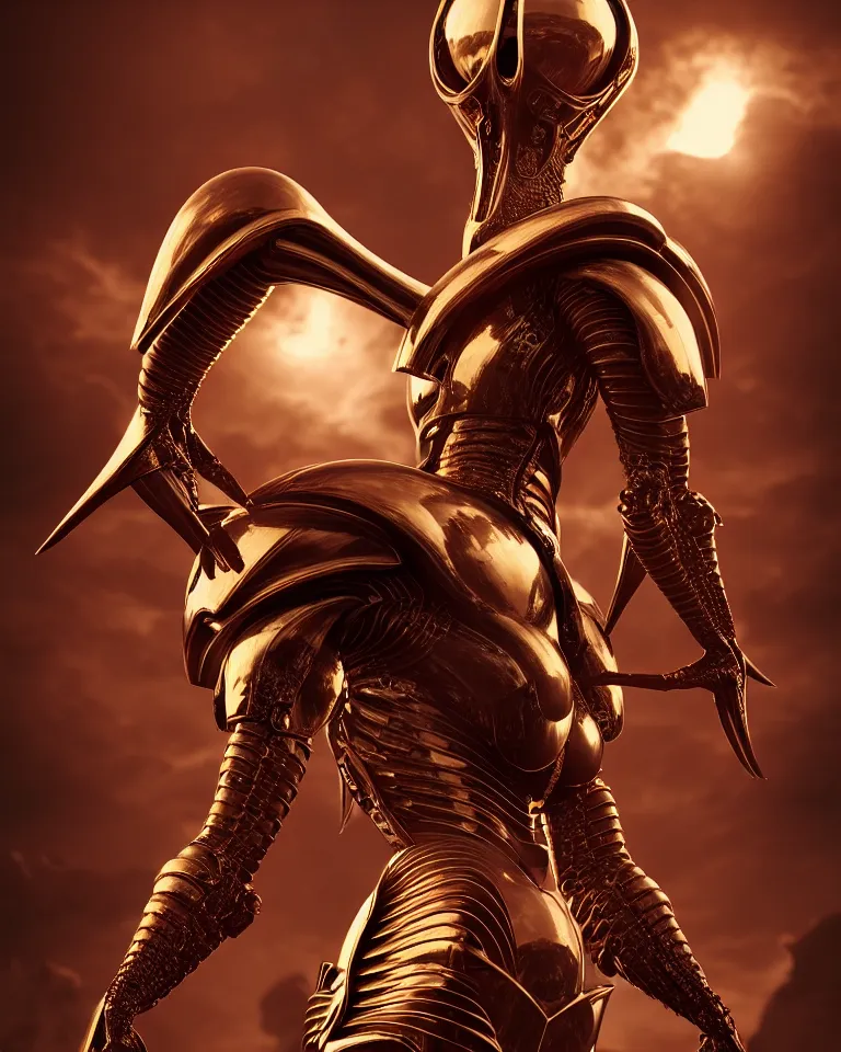 Image similar to epic portrait of alien queen in ring armour by cleavanger and elvgren epic awesome symmetrical octane vfx maya render realistic