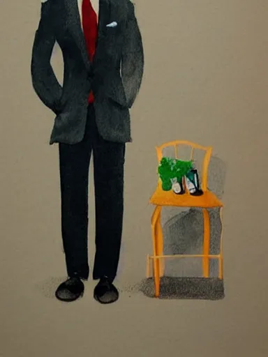 Image similar to water color painting, artwork by wes anderson, of a solo individual portrait of a guy waiting for his date to come, dapper, simple illustration, nostalgic, very realistic, full of details, trending on artstation