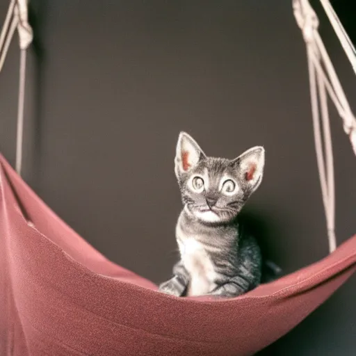 Prompt: A still of a dark grey European Shorthair kitten. The kitten is sleeping in a big indoor hammock. Kodak Portra 400.