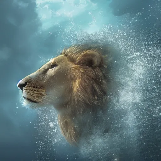 Image similar to a male lion's face breaching through a wall of water, headshot, water sprites, splashing, deep blue ocean, highly detailed, realistic digital art, trending on artstation