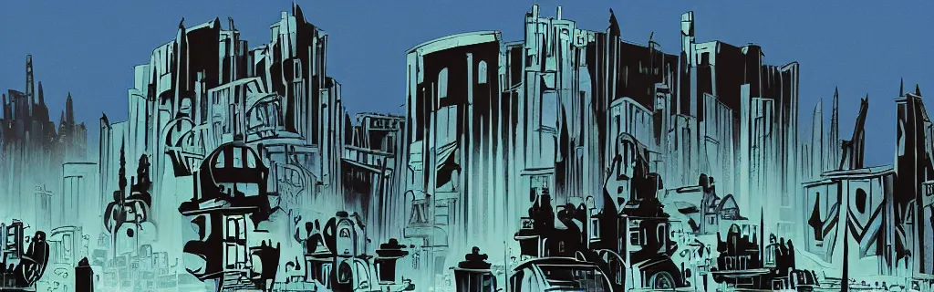 Prompt: doomsday, ruins of the city, blue and white tones, animated film, stylised, illustration, by eyvind earle, scott wills, genndy tartakovski