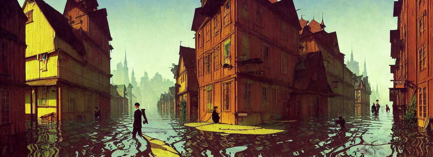 Image similar to flooded old wooden city street, very coherent and colorful high contrast masterpiece by norman rockwell rene magritte simon stalenhag carl spitzweg jim burns, full - length view, dark shadows, sunny day, hard lighting, reference sheet white background