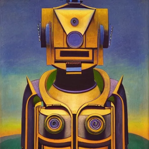 Image similar to the robot wearing her human mask, by christopher kit williams and nicholas roerich, symbolist, dramatic lighting, elaborate geometric ornament, art brut, god rays, soft cool colors, smooth, sharp focus, extremely detailed