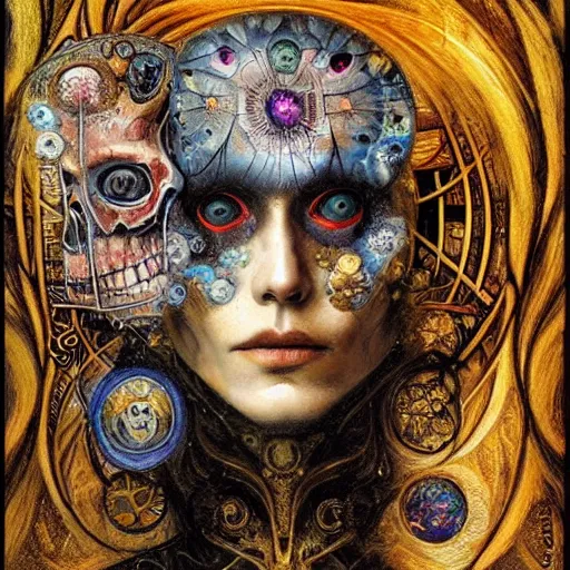 Image similar to Memento Mori by Karol Bak, Jean Deville, Gustav Klimt, and Vincent Van Gogh, beautiful visionary mystical portrait, calavera, otherworldly, fractal structures, ornate gilded medieval icon, third eye, spirals, jeweled calavera by Jean Delville