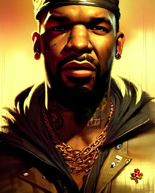 Prompt: the game rapper as a mysterious character, pulp character portrait, ultra realistic, concept art, intricate details, highly detailed by greg rutkowski, gaston bussiere, craig mullins, simon bisley