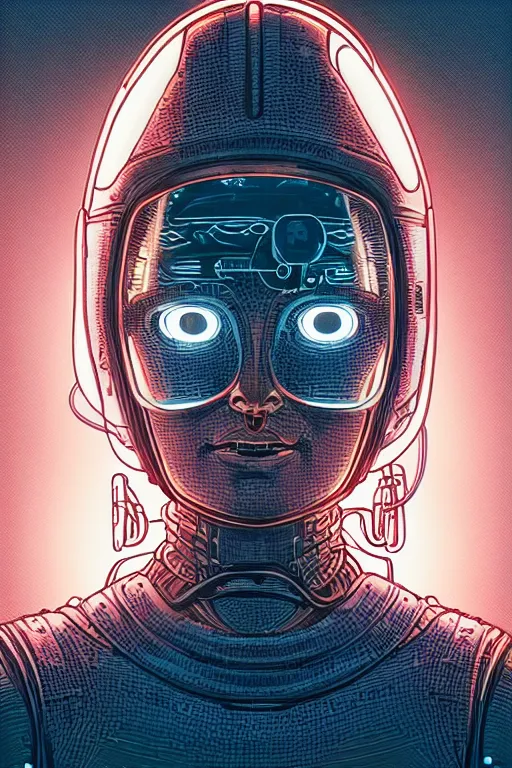 Prompt: portrait of a cyborg girl with a ribbed biomechanic armor and neon light, illustrated by Laurie Greasley and Michael Whelan , crepy ambiance, highly detailed, trending on artstation