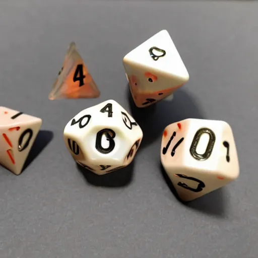 Prompt: a set of dungeons and dragons dice made of bone