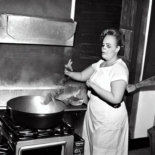 Prompt: Adele cooking chicken at a black kitchen, black and white historical picture, good quality