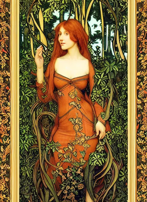 Image similar to masterpiece beautiful seductive flowing curves pose preraphaelite portrait photography, straight bangs, thick set, yellow ochre ornate medieval dress, mushroom forest arch, amongst foliage, william morris and kilian eng and mucha, framed, 4 k