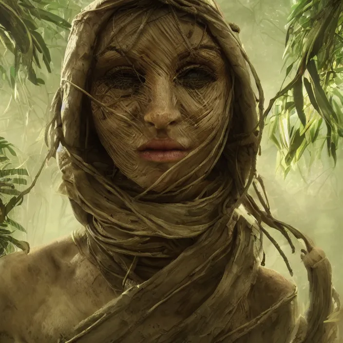 Prompt: bandaged mummy in jungle, old school dungeons and dragons art, concept art, cgsociety, octane render, trending on artstation, artstationHD, artstationHQ, unreal engine, green ratio, symmetric, elegant, 4k, 8k