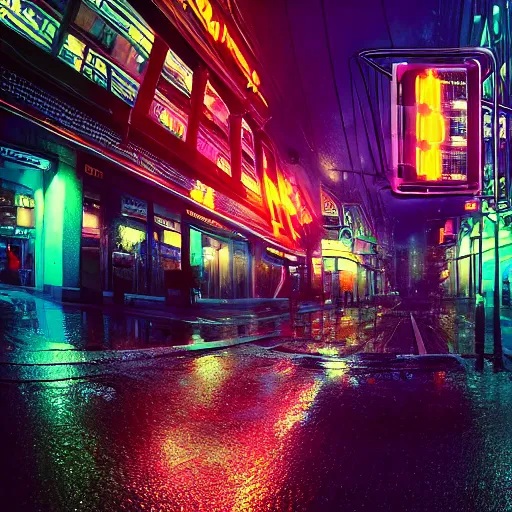 Image similar to Bustling photorealistic!!! rainy neon street in a utopian city illustrated and reimagined by Max Hay, inverted fisheye lens!!!, eyelevel!!! view!!! photography, trending on artstation, 4k, 8k, lens distortion, chromatic aberration, soft focus blur, photorealistic imagery, photorealistic details, intricate, highly detailed, artstation 3d, artstation render, artstation 3d render, 3d art, unreal engine 3d, octane 3d, blender 3d, 3d landscape