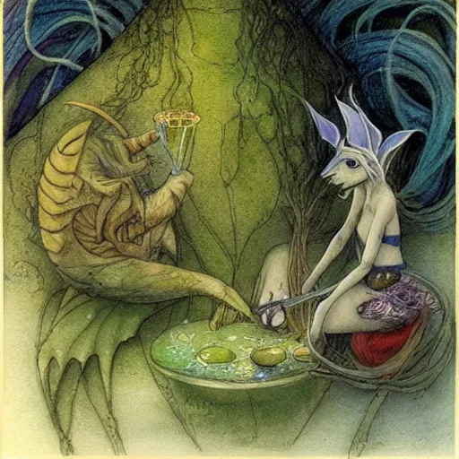 Prompt: A Brian Froud illustration of the faerie of the swamp having a drink of sake at a Japanese bar.