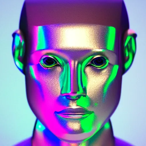 Image similar to 3d render of holographic human robotic head made of glossy iridescent, surrealistic 3d illustration of a human face non-binary, non binary model, 3d model human, cryengine, made of holographic texture, holographic material, holographic rainbow, concept of cyborg and artificial intelligence