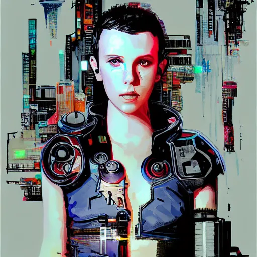 Image similar to Portrait of cyberpunk cyborg Millie Bobby Brown by Yoji Shinkawa