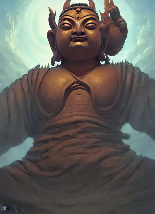 Prompt: oni with the face of a buddha, subsurface scattering, by jesper ejsing, justin gerard, tomasz alen kopera, cgsociety and fenghua zhong, highly detailed, rim light, cinematic lighting, illustration, art, octane render, very coherent, cinematic, hyper realism, high detail, octane render, 8 k