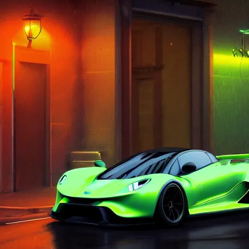 Prompt: A highly detailed, realistic photo of a neon hypercar in Rome in the rain, 8k resolution, trending on artstation