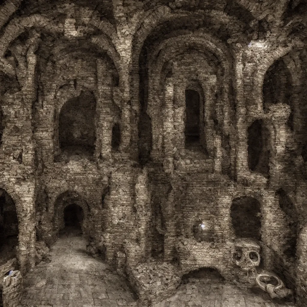 Image similar to 15081959 21121991 01012000 4k, highly detailed, sharp focus an empty dungeon with stone arches, dimly lit, gloomy, horror atmosphere, skulls hang on the walls