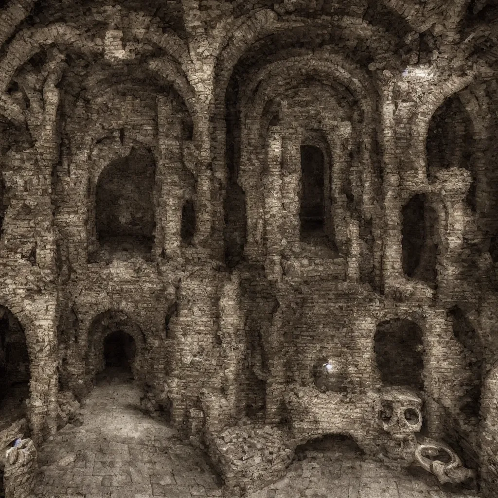 Prompt: 15081959 21121991 01012000 4k, highly detailed, sharp focus an empty dungeon with stone arches, dimly lit, gloomy, horror atmosphere, skulls hang on the walls