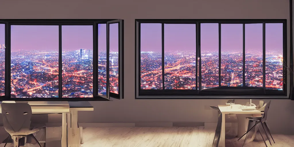 Prompt: night view of the city through a penthouse window, award - winning anime digital art