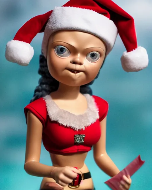 Image similar to highly detailed closeup, portrait of a tin toy santa greta thunberg wearing a bikini, depth of field, fashion photoshoot by nicoletta ceccoli, mark ryden, lostfish, dan decarlo, bob clampett, max fleischer, breathtaking, detailed and intricate snowenvironment, 8 k resolution, hyperrealistic, octane render
