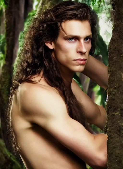 Image similar to a very skinny young Tarzan close-up portrait of young white male, with long dark brown slicked back hair shoulder length