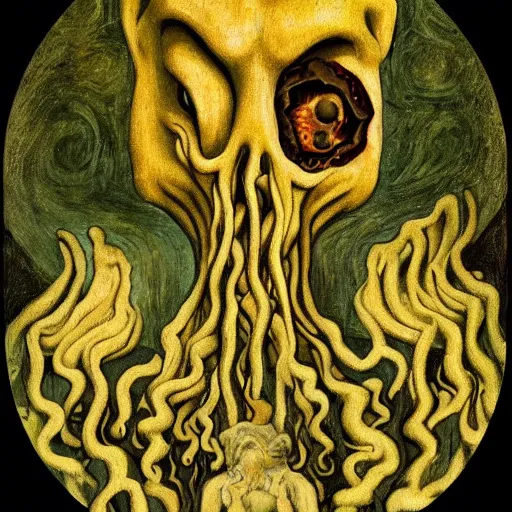 Image similar to unknowable lovecraftian monster with a human face, portrait, Renaissance painting, vincent van gough,, Michelangelo, dark, gothic